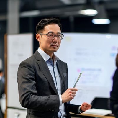 探花网站产品总监陈光的职业形象照，正在白板前进行产品规划演示，展现出清晰的产品思维与用户导向的工作方式